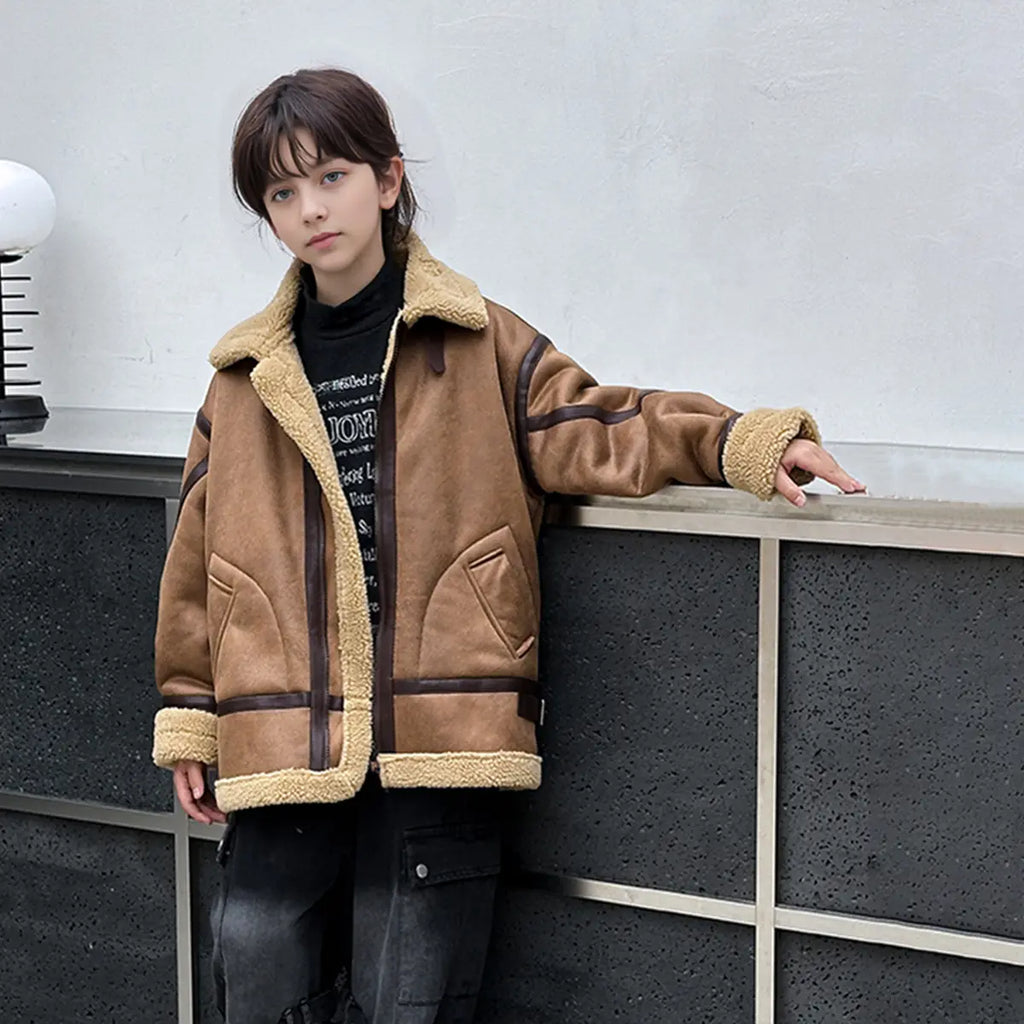 Boys Brown Faux Leather Heavy Jacket With Fleece Lining Coats & Jackets Brown 5-6 Y