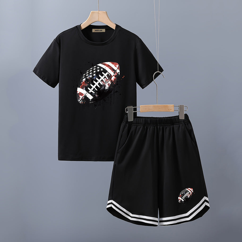 Boys Black Rugby Ball Graphic Short Sleeve T-Shirt With Shorts Set 2 pc. Sets Black 5-6 Y