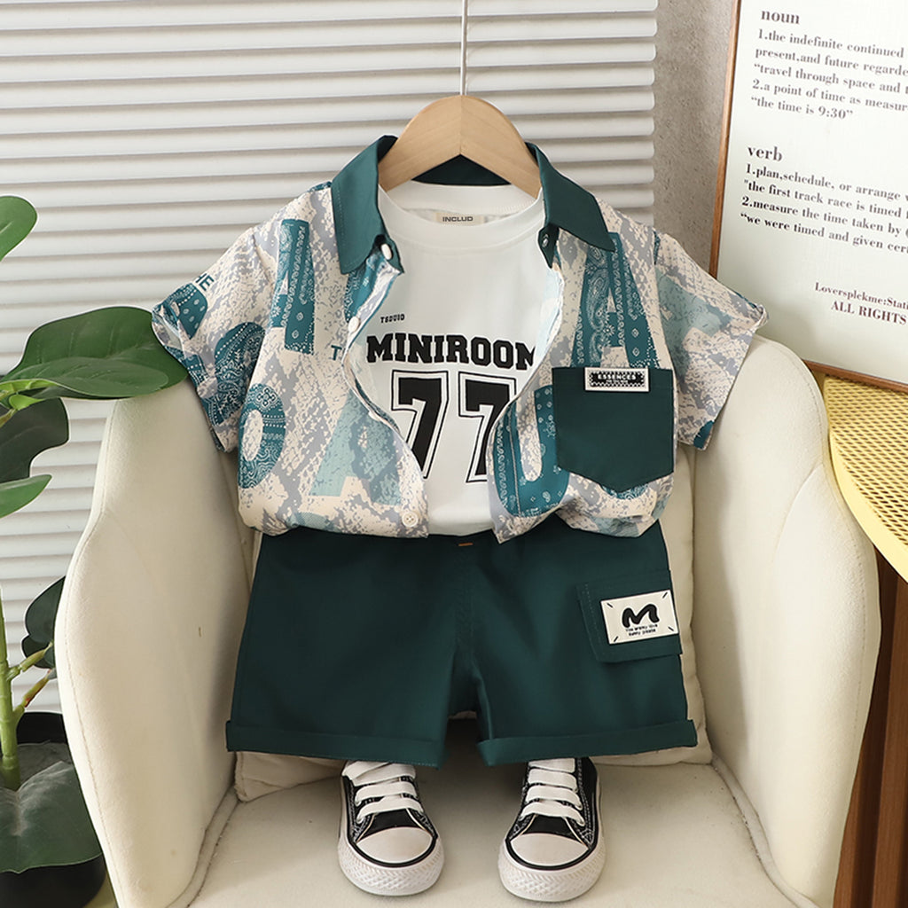 Boys Blue Printed Shirt With Short Sleeves T-Shirt And Shorts Set 3 pc. Sets Blue 1-2 Y