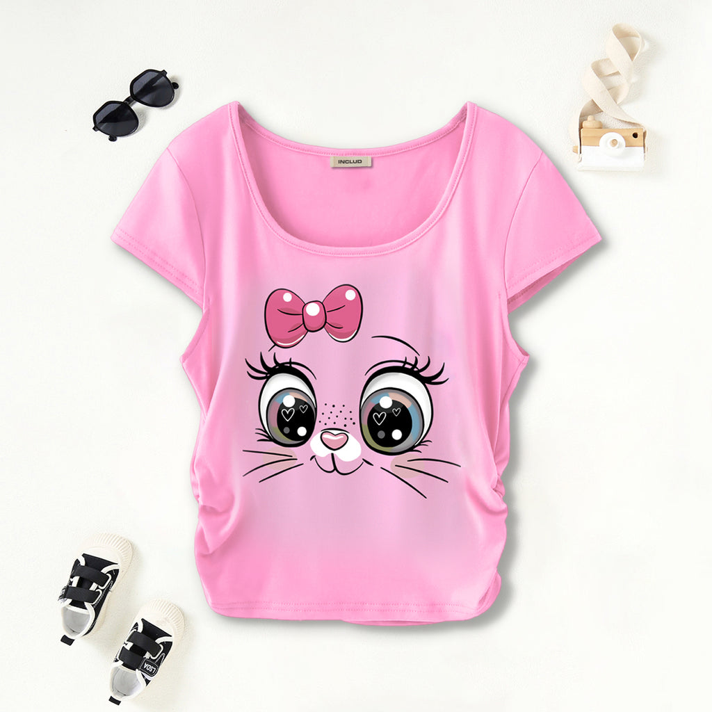 Girls Light Pink Cat-Eyes Graphic Short Sleeves Scoop Neck T-Shirt Tshirts Light Pink 7-8 Y