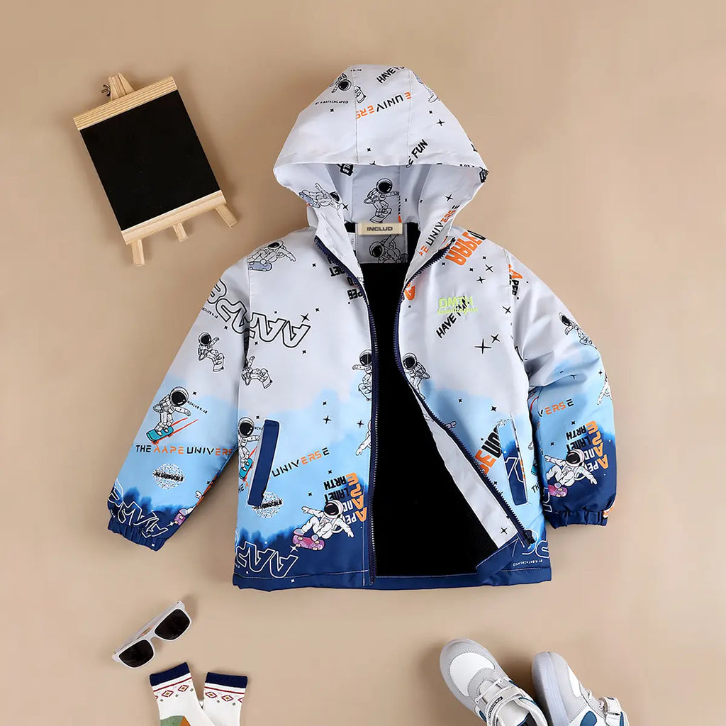Boys Blue Ombre Printed Hooded Zipper Jacket Coats & Jackets