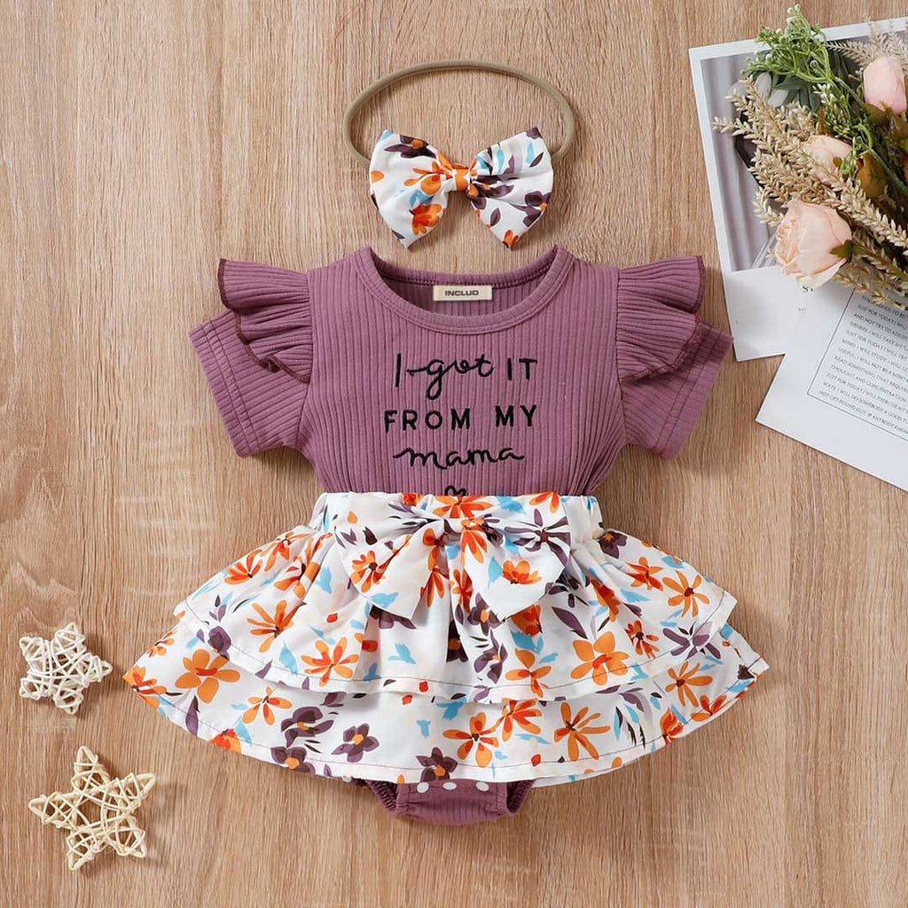 Girls Short Sleeve Floral Printed Fit & Flare Dress Casual Dresses Purple 1-2 Y 
