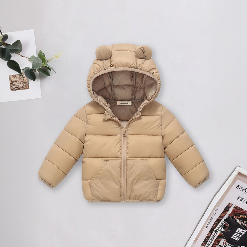 Boys Khaki Solid Front Zipper Hooded Puffer Jacket Coats & Jackets Khaki 1-2 Y