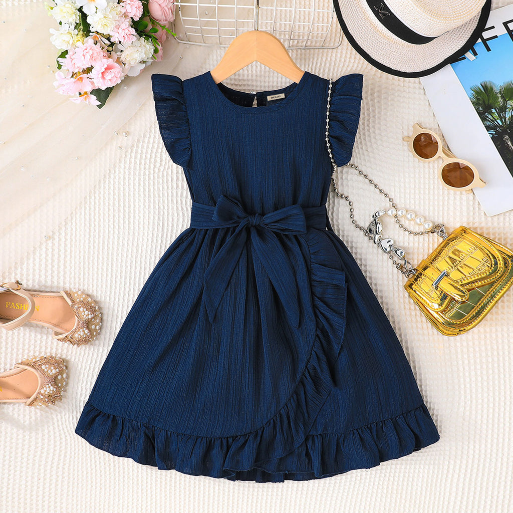 Girls Navy Blue Flutter Sleeves Bottom Ruffled Dress Casual Dresses Navy Blue 3-4 Y