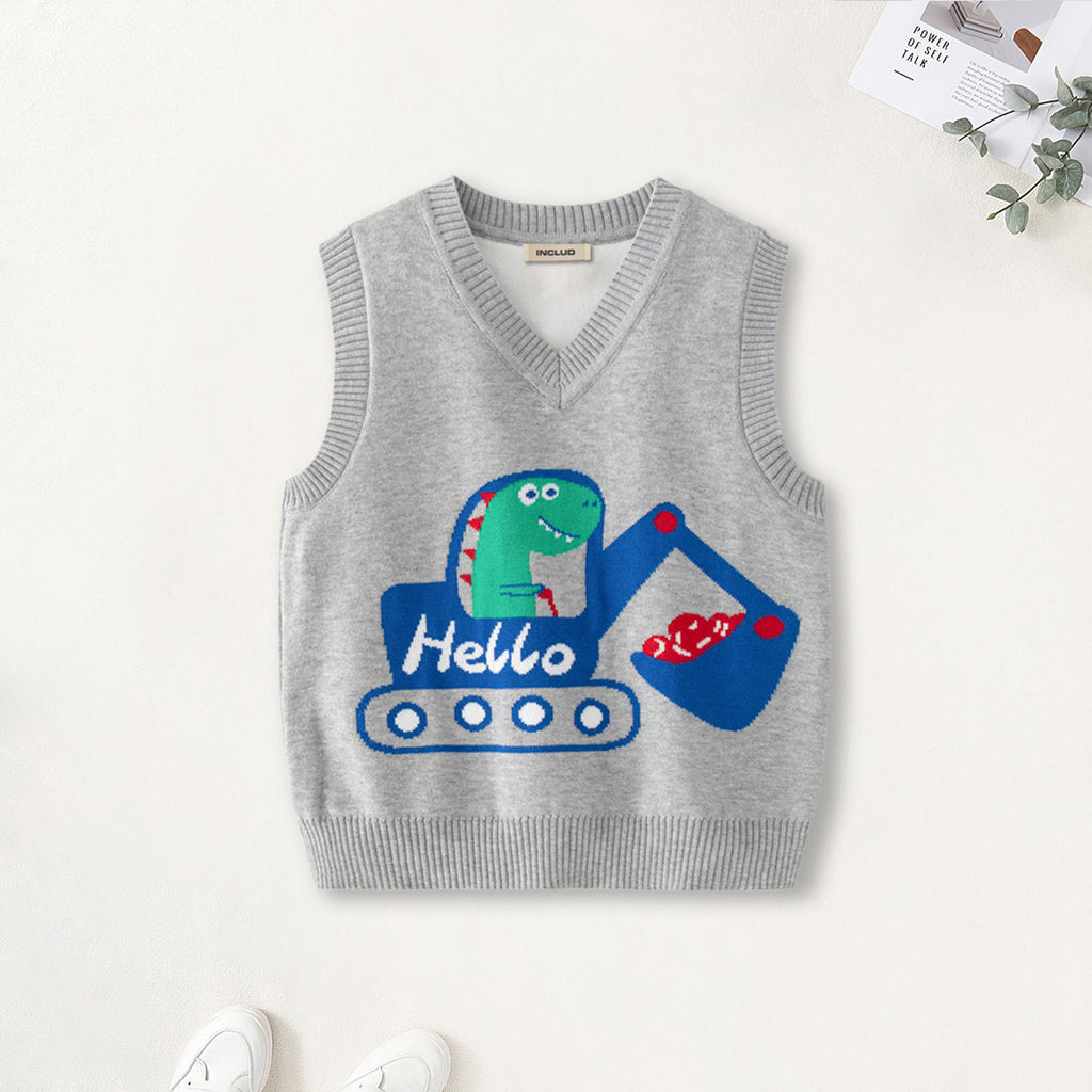 Boys Grey Sweater Vest With Self-Design Crane Cartoon Patterns Sweaters & Cardigans Grey 2-3 Y