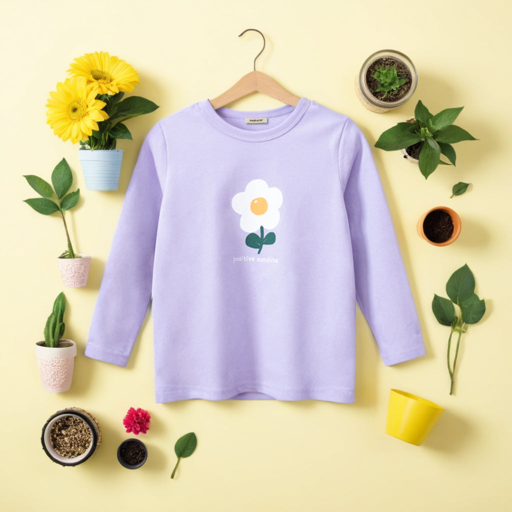 Girls Flower Print Long Sleeves T-shirt Tshirts Purple 1-2 Y 