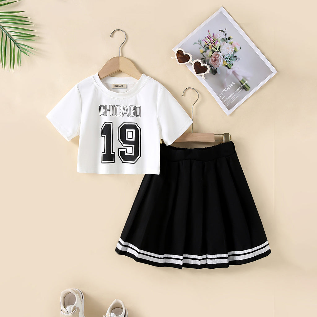 Girls Alphanumeric Printed Crop Top With Black Skirt 2 pc. Sets Black 5-6 Y