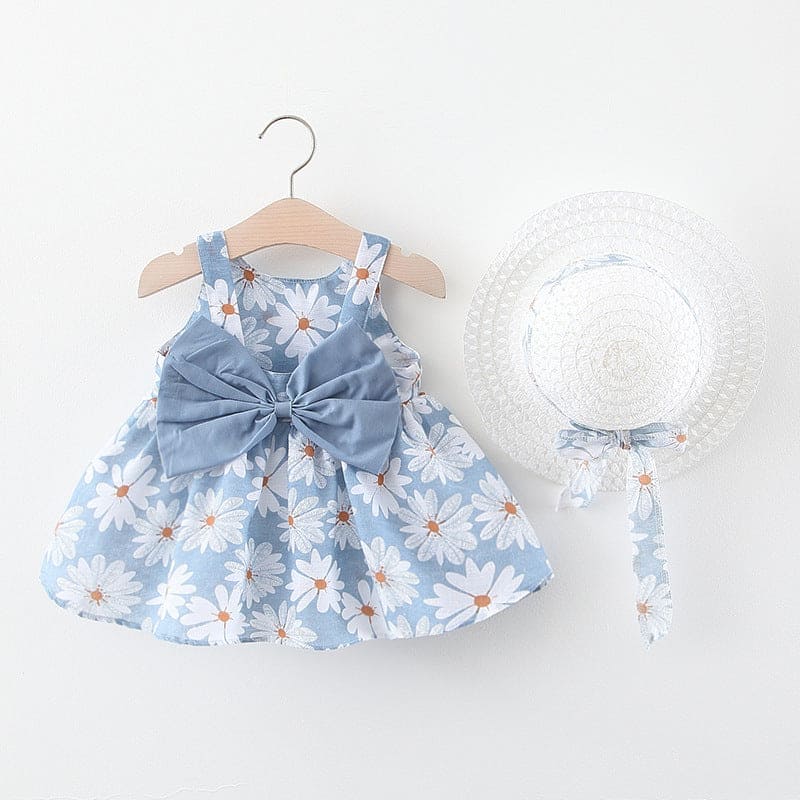 Girls Floral Print Fit & Flare Dress with Hat Casual Dresses Blue 1-2 Y 