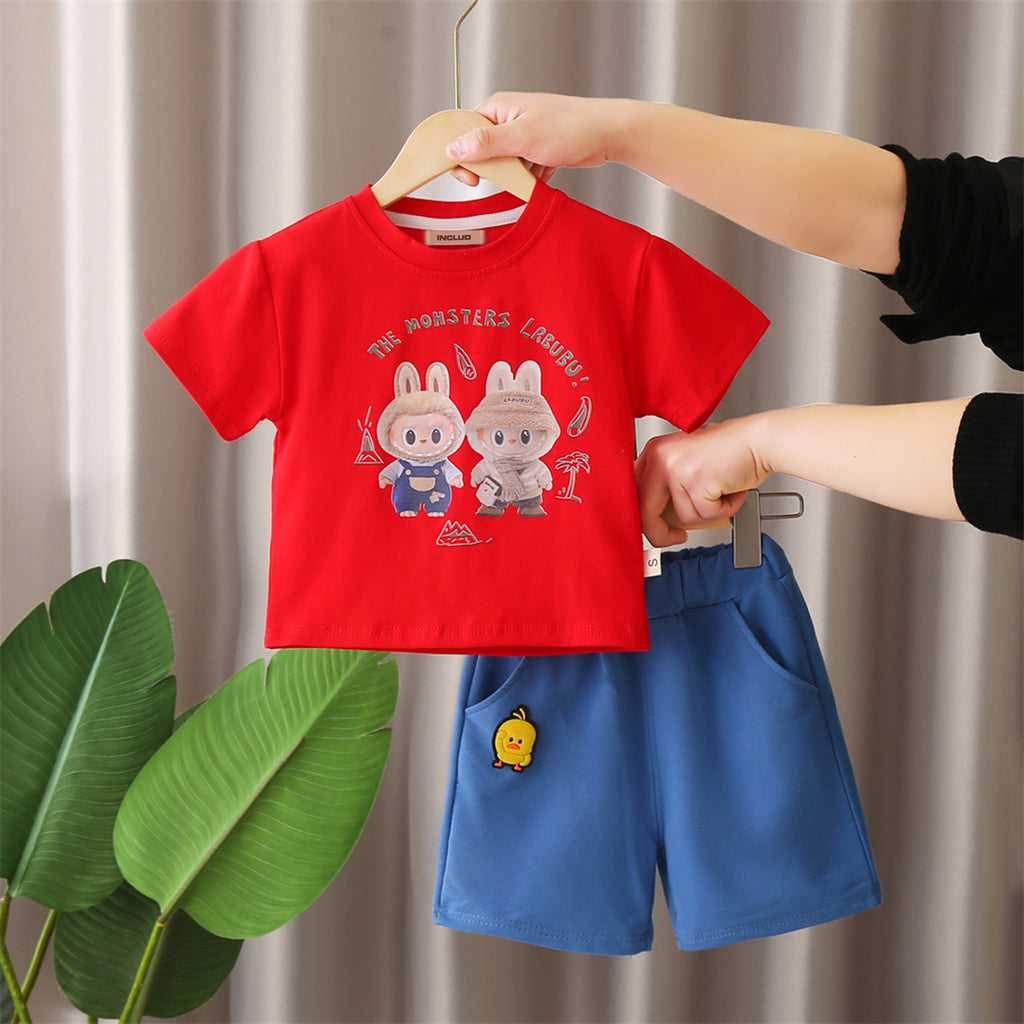 Boys Red Printed T-shirt with Knitted Shorts Set Sets Red 1-2 Y
