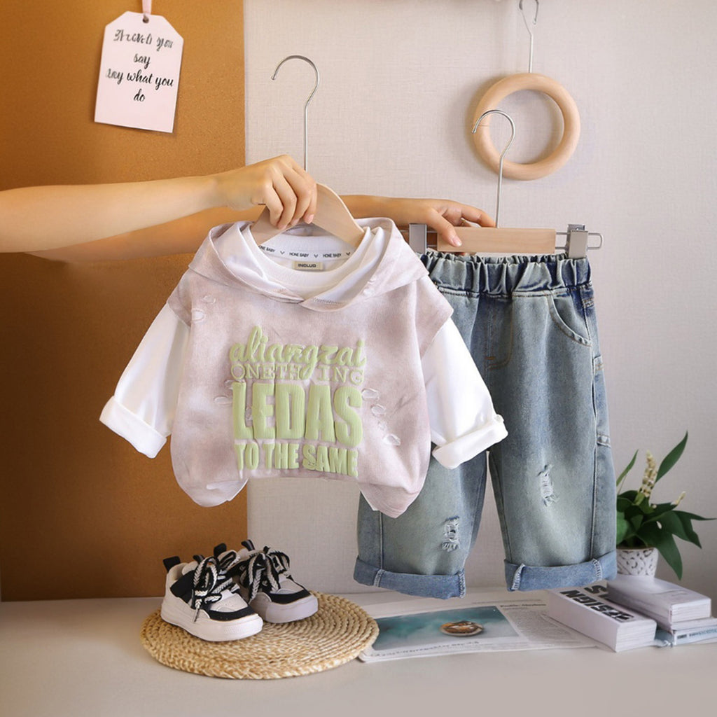 Boys Pink Typographic Hooded Sweatshirt With T-Shirt And Denim Trousers Sets 3 pc. Sets Pink 1-2 Y