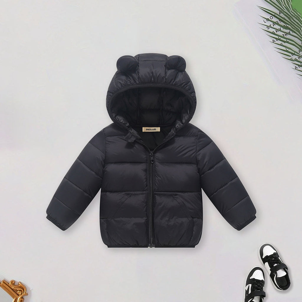 Boys Black Solid Front Zipper Hooded Puffer Jacket Coats & Jackets Black 1-2 Y