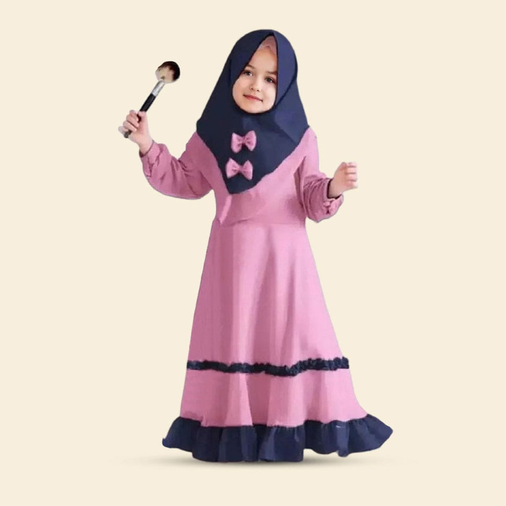 Girls Long Sleeve Contrast Bottom Dress With Head Scarf Casual Dresses Pink 1-2 Y 