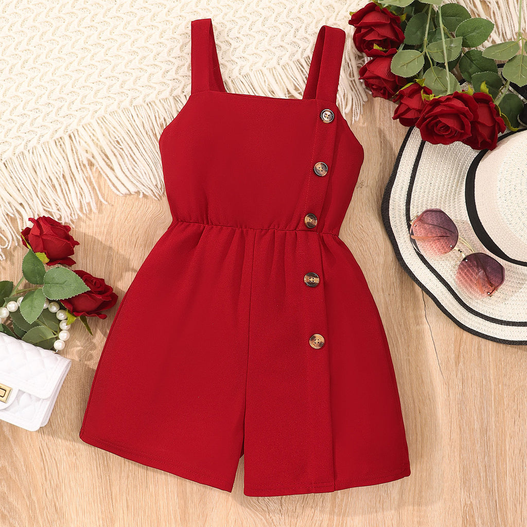 Girls Maroon Button Detailed Strappy Romper Jumpsuits