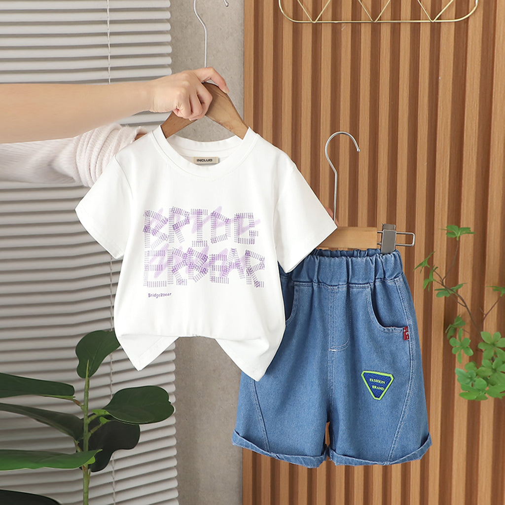Boys Off White Abstract Printed Short Sleeves T-Shirt With Denim Shorts Set 2 pc. Sets Off White 1-2 Y