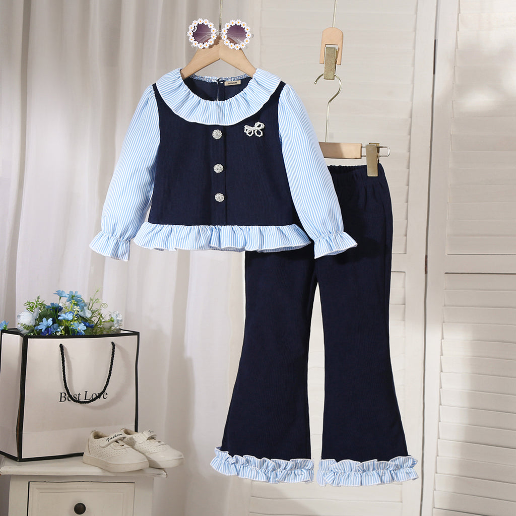 Girls Navy Blue Stripes Top With Pants Sets 2 pc. Sets Navy Blue 3-4 Y