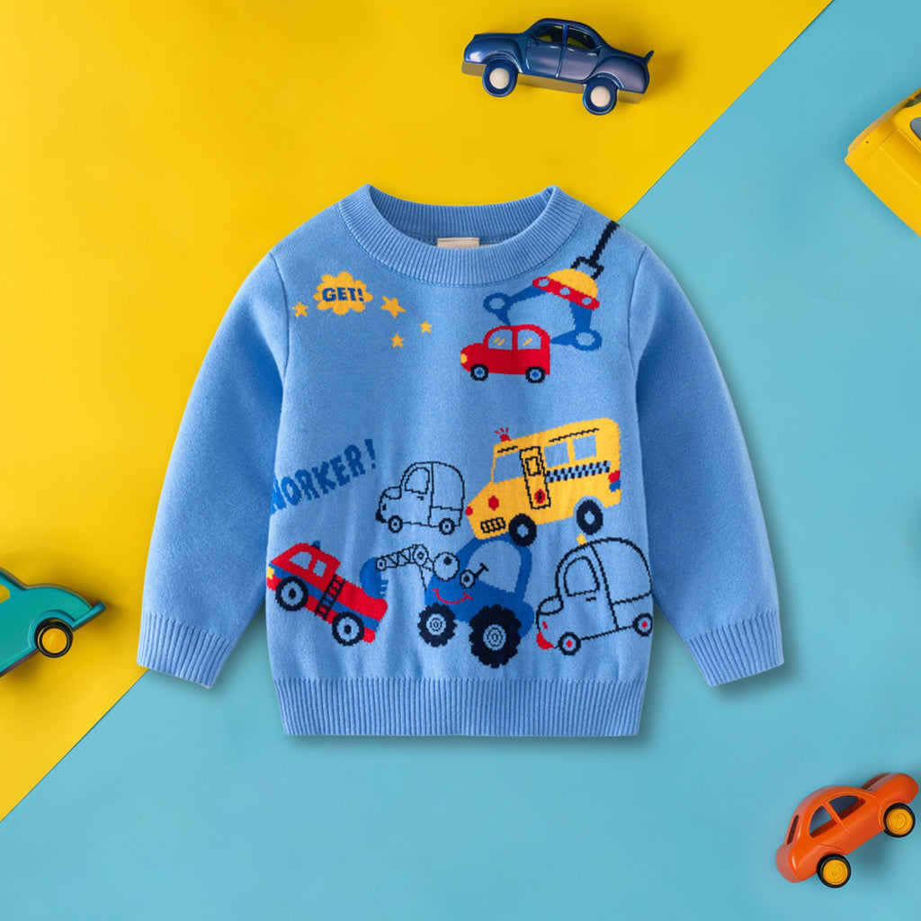 Boys Light Blue Regular Sweater With Self-Design Car Patterns Sweaters & Cardigans Light Blue 2-3 Y