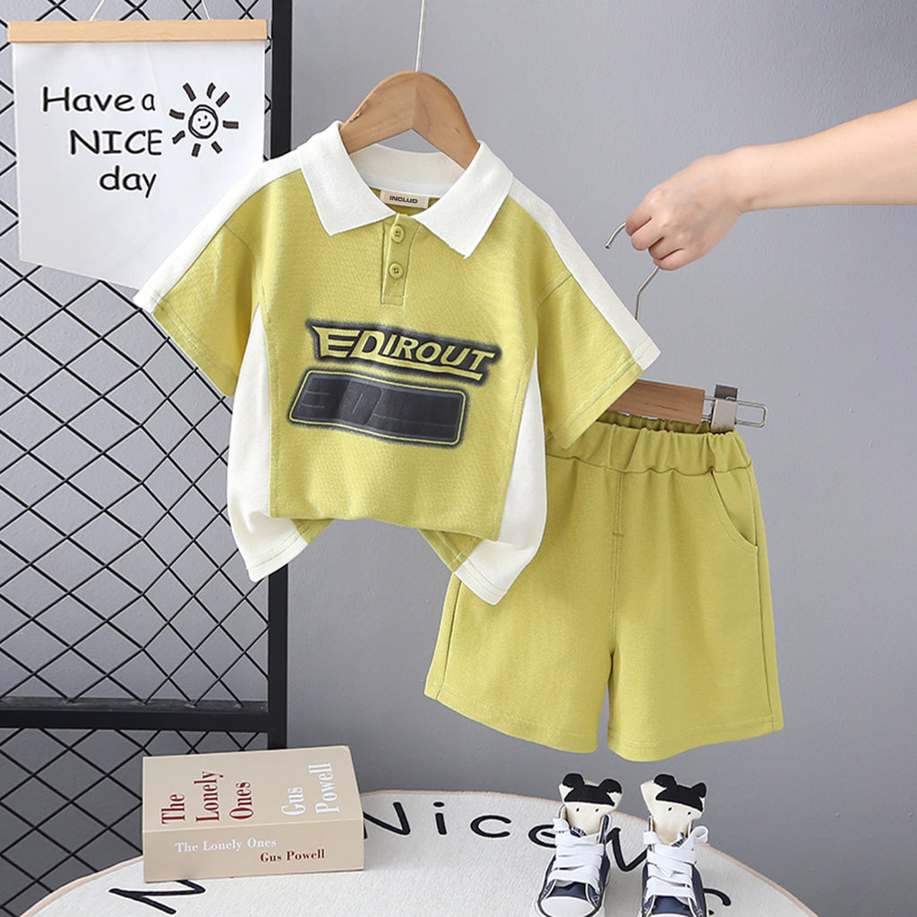 Boys Green Typographic Print Short Sleeve Polo T-Shirt With Shorts Set 2 pc. Sets Green 1-2 Y