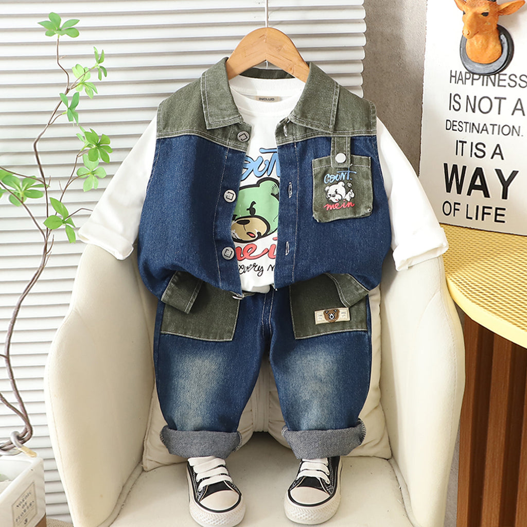 Boys Green Graphics Printed Sleeveless Jacket Wit T-Shirt & Denim Pants Sets Green 1-2 Y