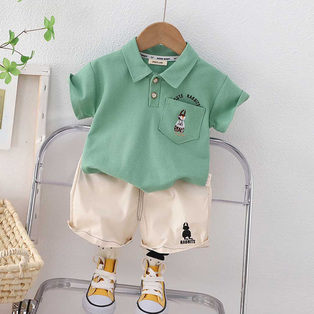 Boys Cute Rabbit Embroidery Polo T-Shirt With Shorts Set 2 pc. Sets Green 1-2 Y 