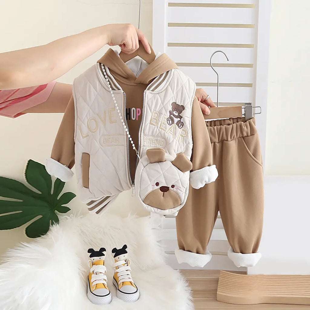 Girls Khaki Embroidered Regular Sweatshirt With Sleeveless Jackets, Pants & Bag Sets 4 pc. Sets Khaki 1-2 Y