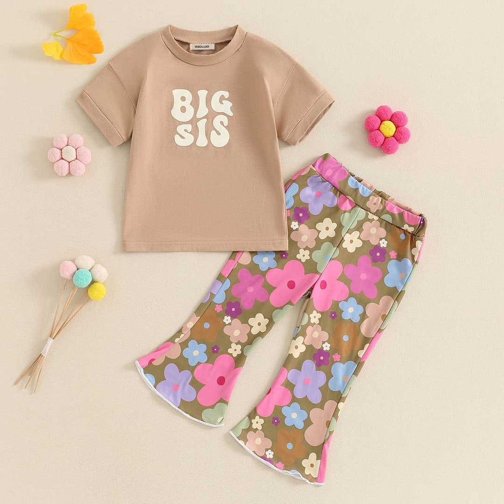 Girls Alphabet Printed T-Shirt With Flower Printed Pants Set Sets Khaki 1-2 Y 