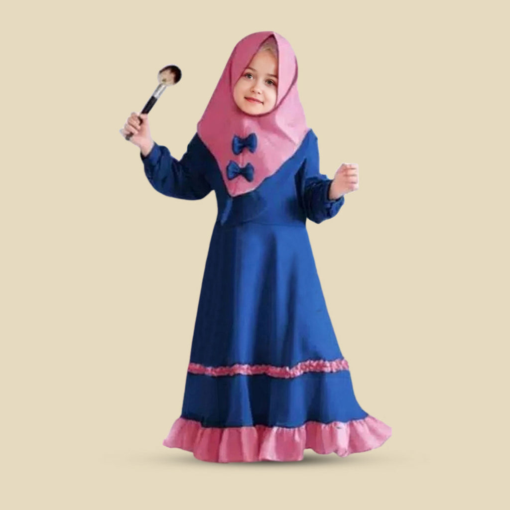Girls Long Sleeve Contrast Bottom Dress With Head Scarf Casual Dresses Blue 1-2 Y 