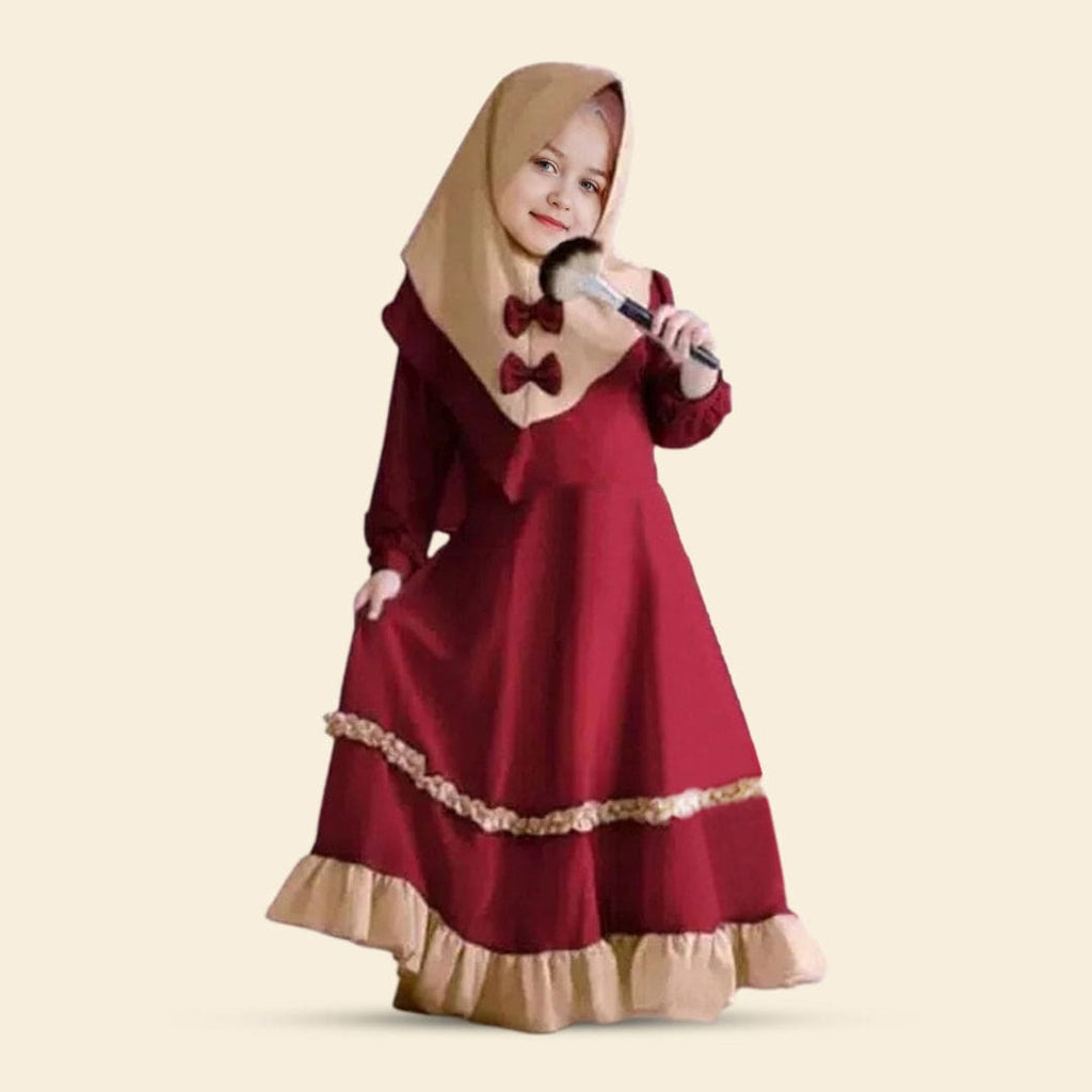 Girls Long Sleeve Contrast Bottom Dress With Head Scarf Casual Dresses Red 1-2 Y 