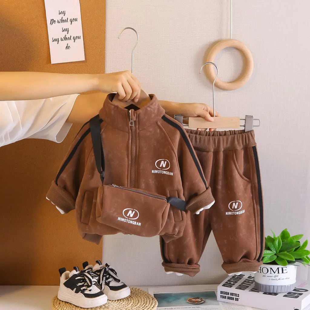 Boys Brown Two Side Stripes Zip-up Jacket With Jogger Co-ord Sets Sets Brown 1-2 Y