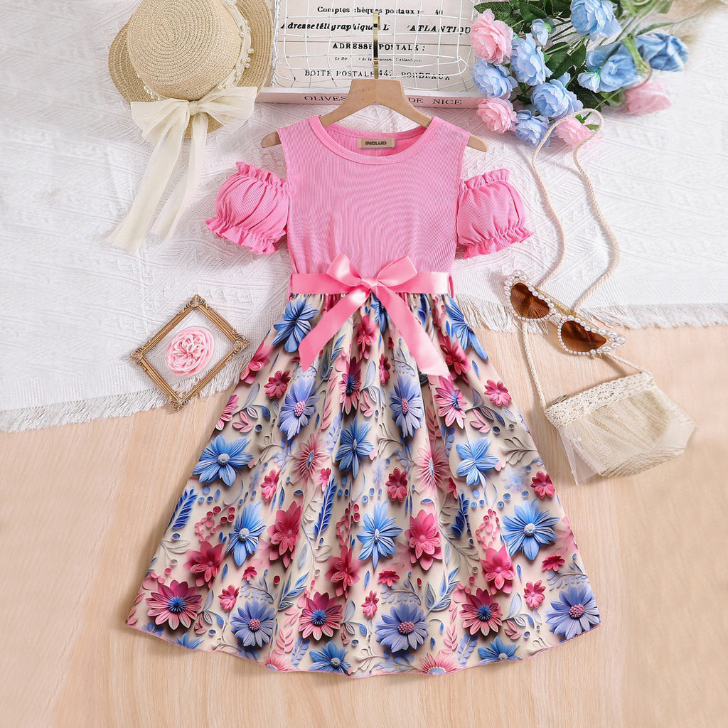 Girls Pink Floral Printed Cold Shoulder Fit And Flared Midi Dress Casual Dresses Pink 3-4 Y