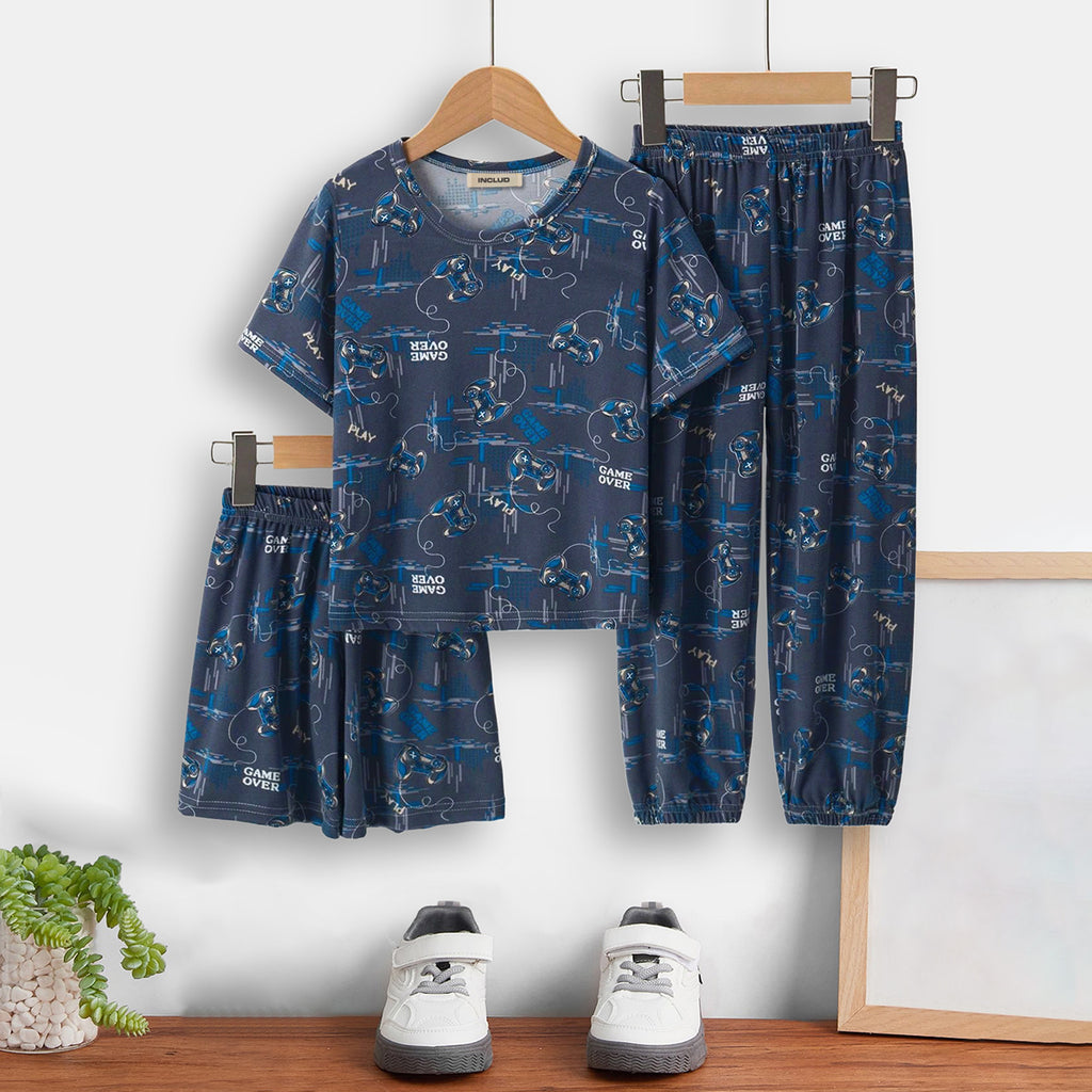 Boys Blue Gaming Print T-Shirt With Shorts And Pajama Set Sets Blue 3-4 Y