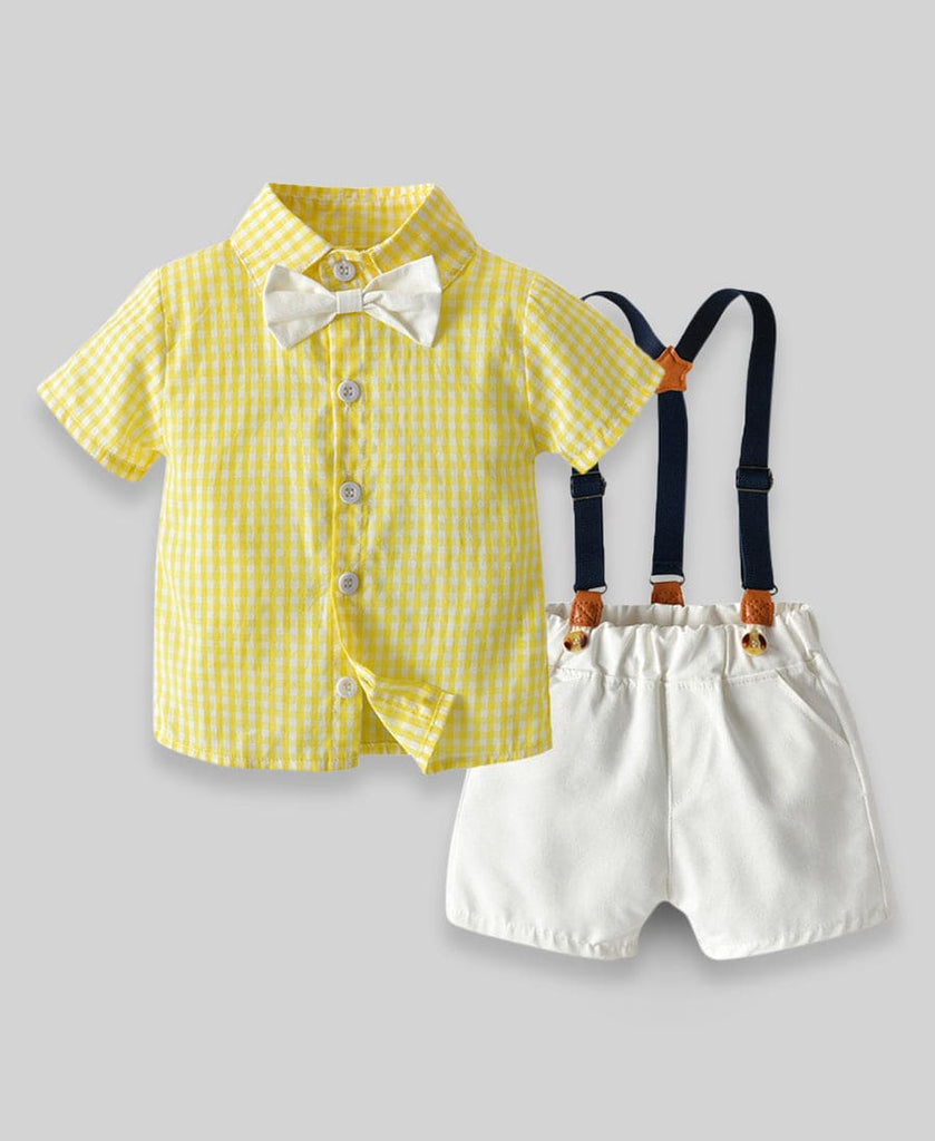 Boys Checkered Shirt with Suspenders Shorts Set Siblings Set Yellow 1-2 Y