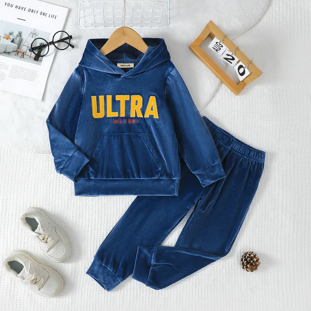 Boys Blue Typographic Hooded Sweatshirt With Pants Sets 2 pc. Sets Blue 3-4 Y
