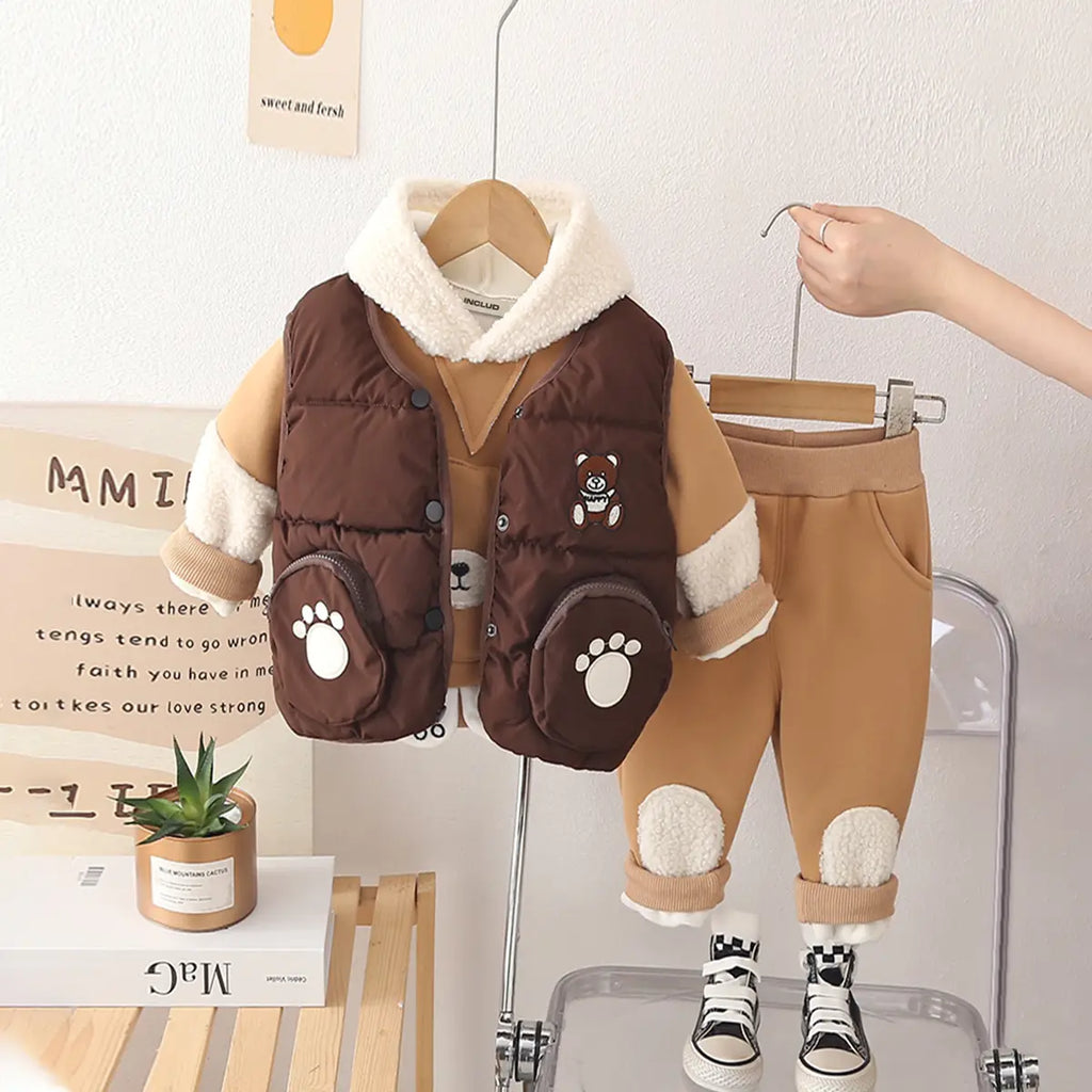 Boys Khaki Graphics Regular Sweatshirt With Sleeveless Jacket & Pants Sets 3 pc. Sets Khaki 1-2 Y