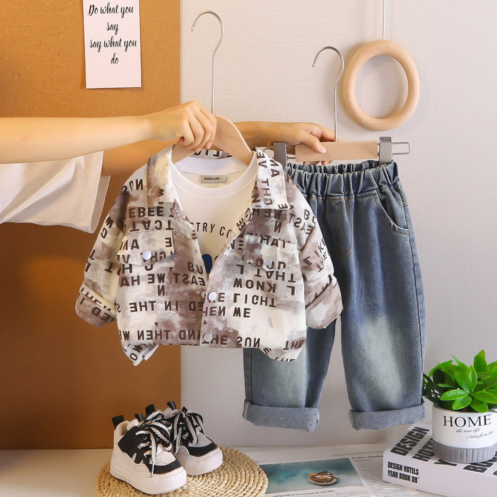 Boys Brown Typographic Printed Shirt With t-Shirt & Denim Pants Set Sets Brown 1-2 Y