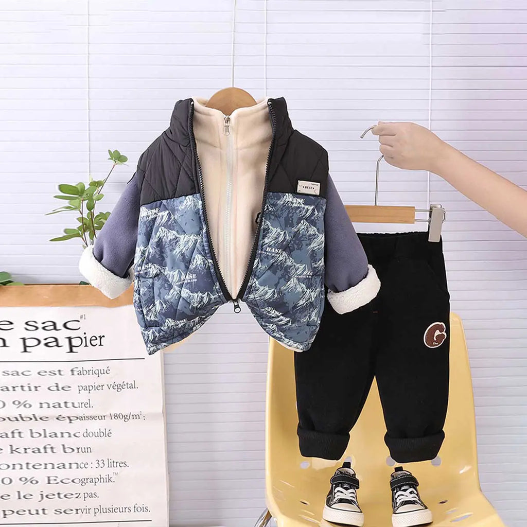 Boys Blue Abstract Printed Quilted Puffer Vest With Jacket & Jogger Sets Sets Blue 1-2 Y