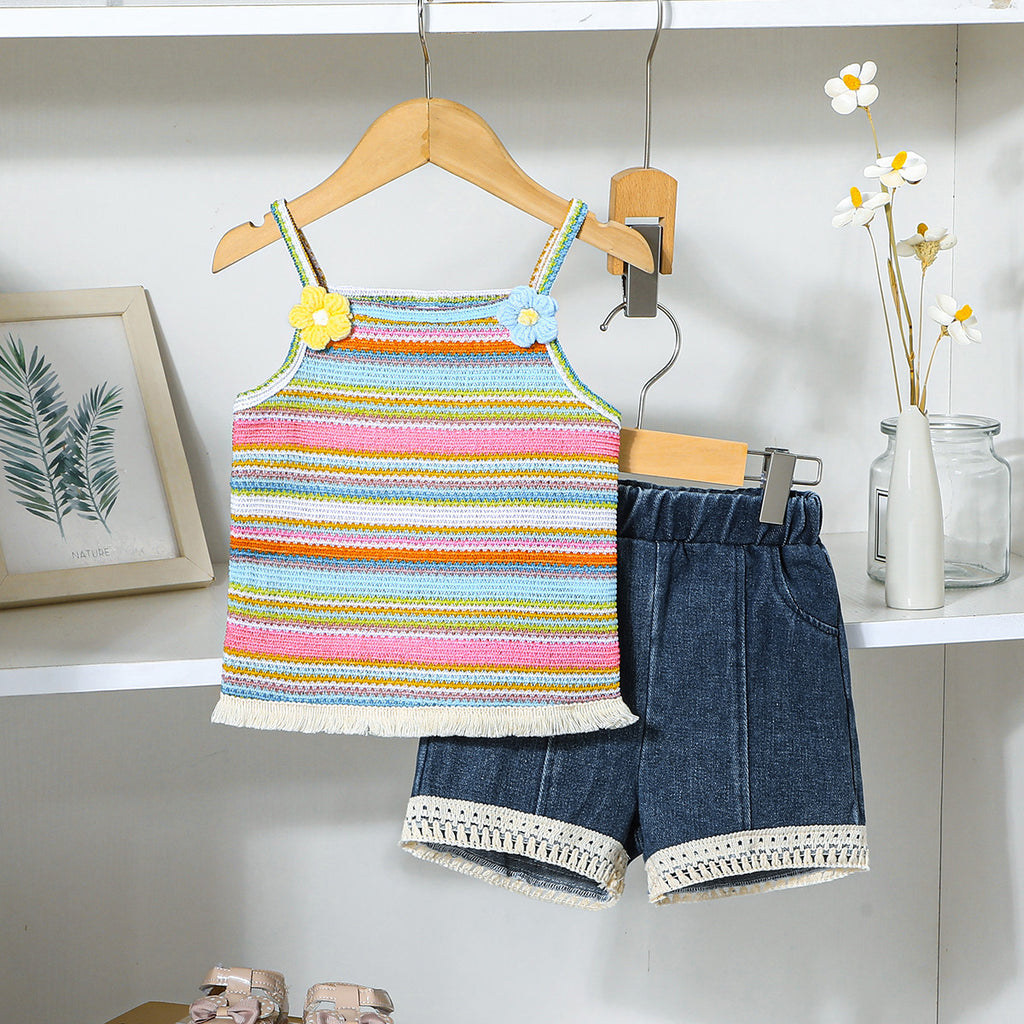 Girls Multicolor Stripes Summer Knitted Top With Denim Shorts Set 2 pc. Sets Multicolor 3-4 Y