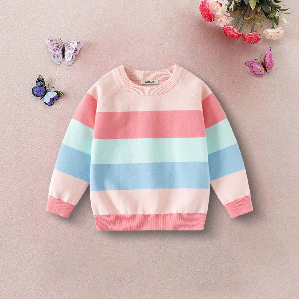 Girls Multicolor Regular Sweatshirt With Self-Design Stripe Patterns Sweaters & Cardigans Multicolor 2-3 Y