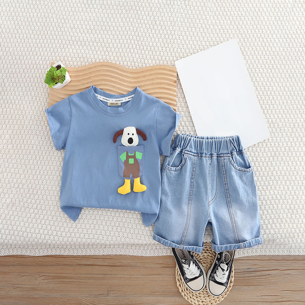 Boys Blue Embroidery Applique T-Shirt With Denim Shorts Set 2 pc. Sets Blue 1-2 Y