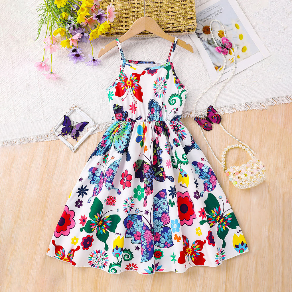 Girls White Butterfly Printed Summer Midi Sundress Casual Dresses White 3-4 Y