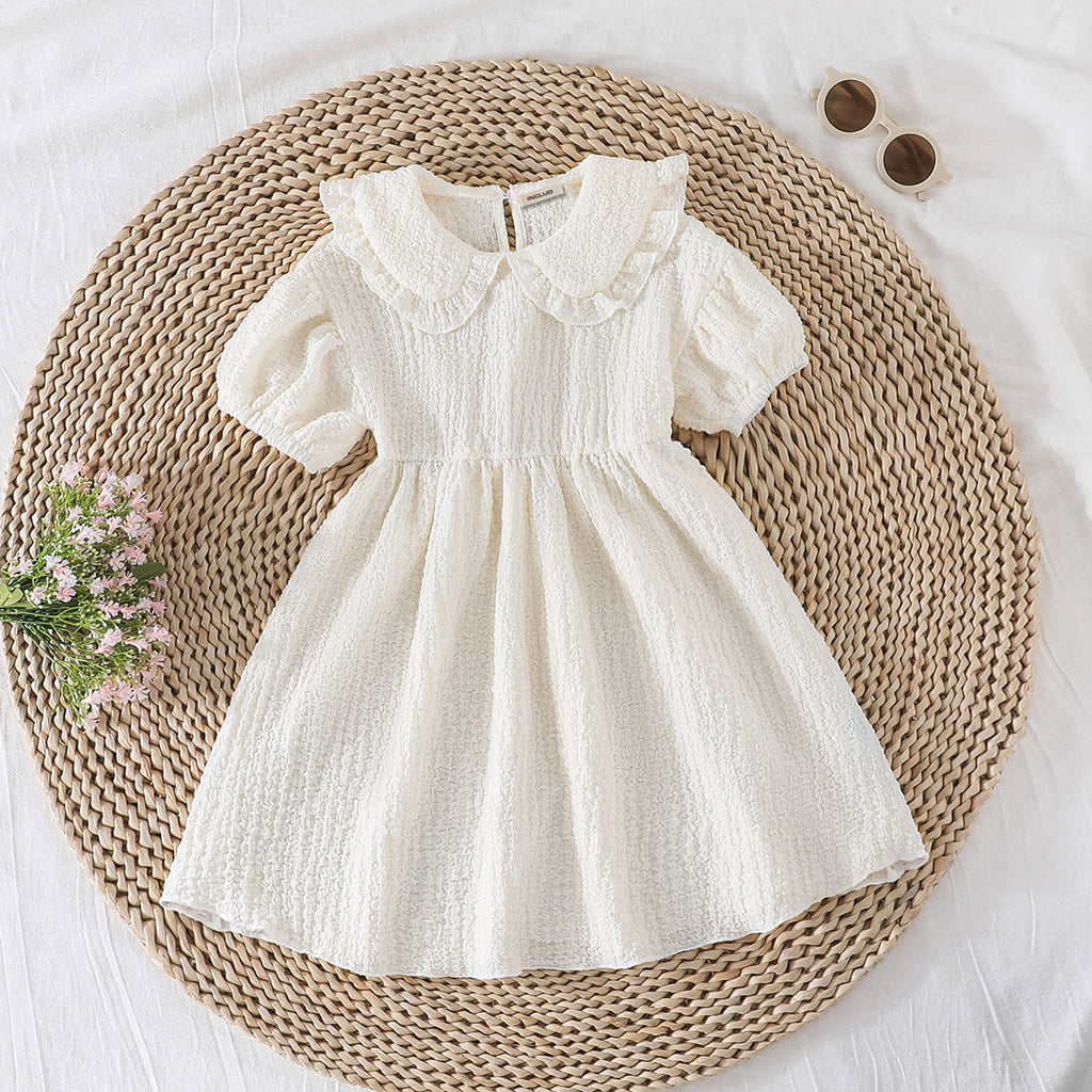 Girls Off White Self Designed Puff Sleeves Fit And Flared Dress Casual Dresses Off White 3-4 Y