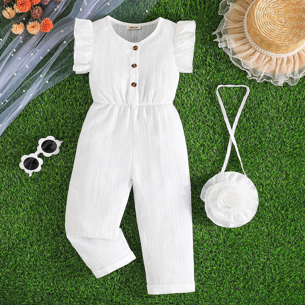 Girls White Textured Flutter Sleeves Overall Jumpsuit With Sling Bag Jumpsuits White 2-3 Y