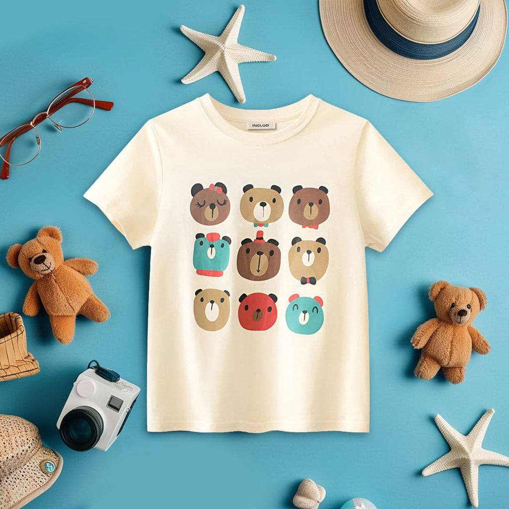 Girls Teddy Print Short Sleeves T-shirt Tshirts Apricot 7-8 Y 