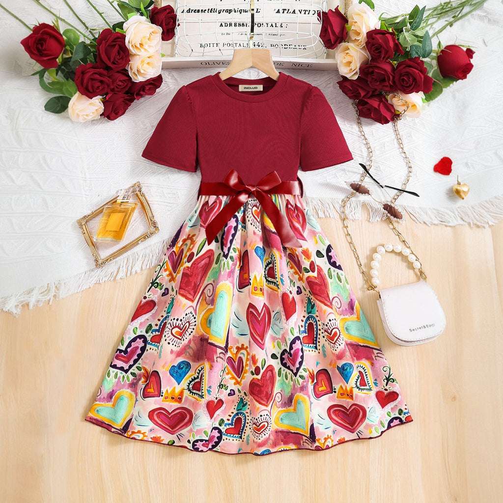 Girls Maroon Heart Printed Short Sleeves Fit And Flared Dress Casual Dresses Maroon 3-4 Y