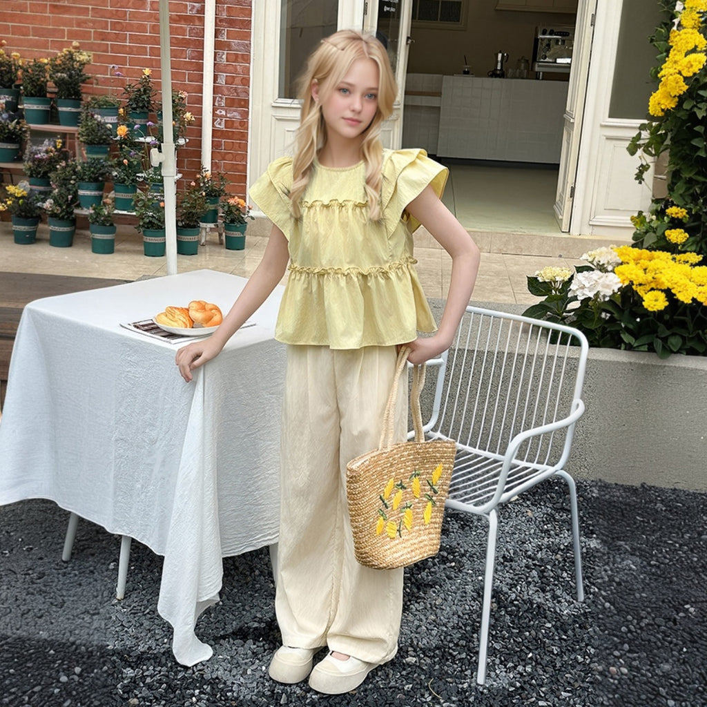 Girls Yellow Short Sleeve Top With Pants Sets 2 pc. Sets Yellow 5-6 Y