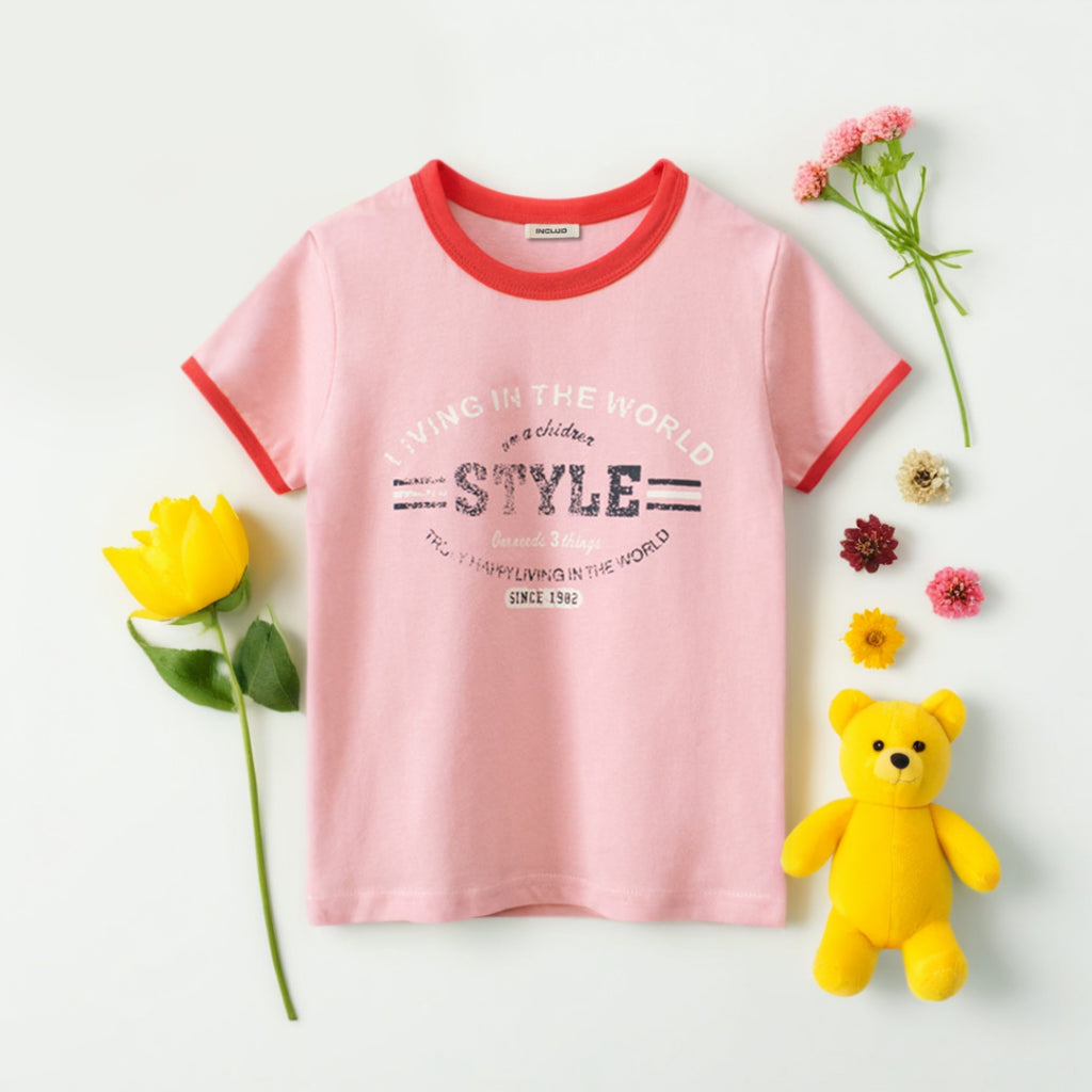 Girls Typography Print  Short Sleeves T-shirt Tshirts Pink 1-2 Y 