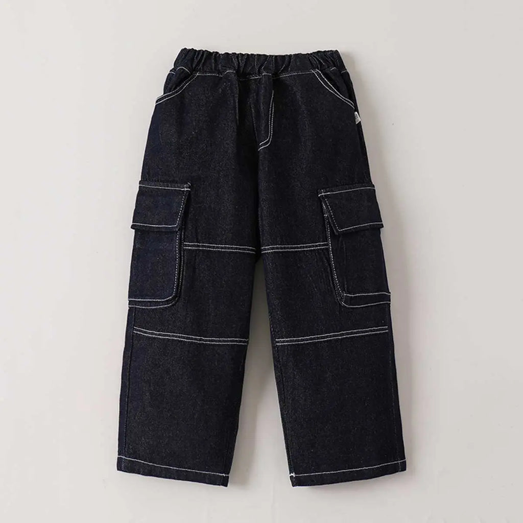 Boys Black Solid Cargo Jeans With Elasticated Waistband Cargo Pants Black 2-3 Y