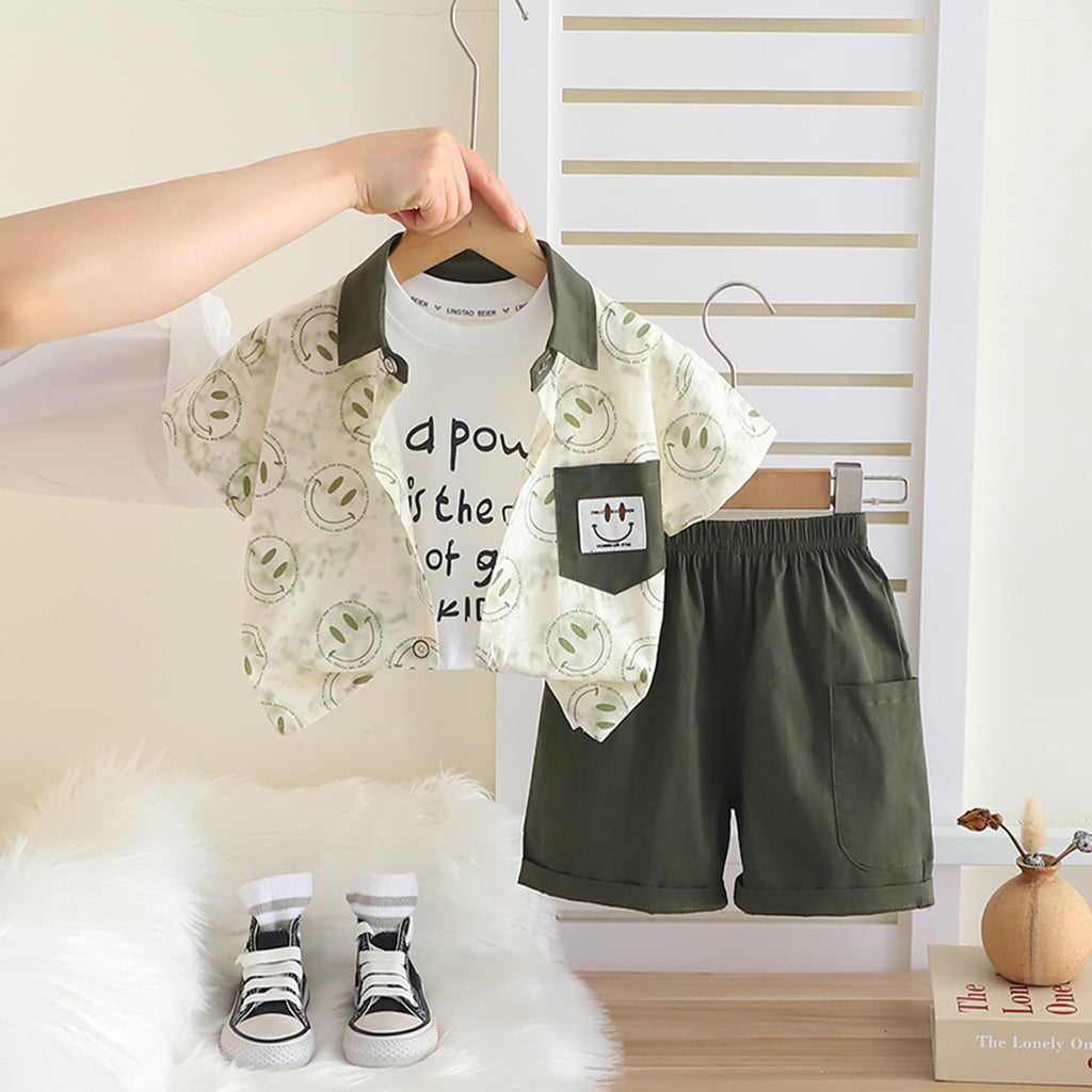 Boys Green Smiley Printed Contrast Collar Shirt With T-Shirt And Shorts Set Sets Green 1-2 Y