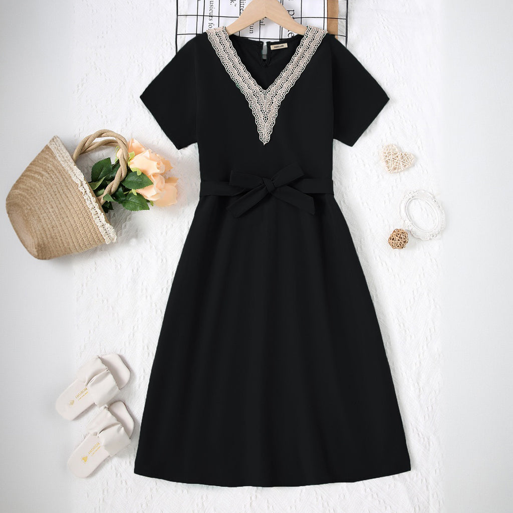 Girls Black Short Sleeves Lace V-Neck Dress Casual Dresses