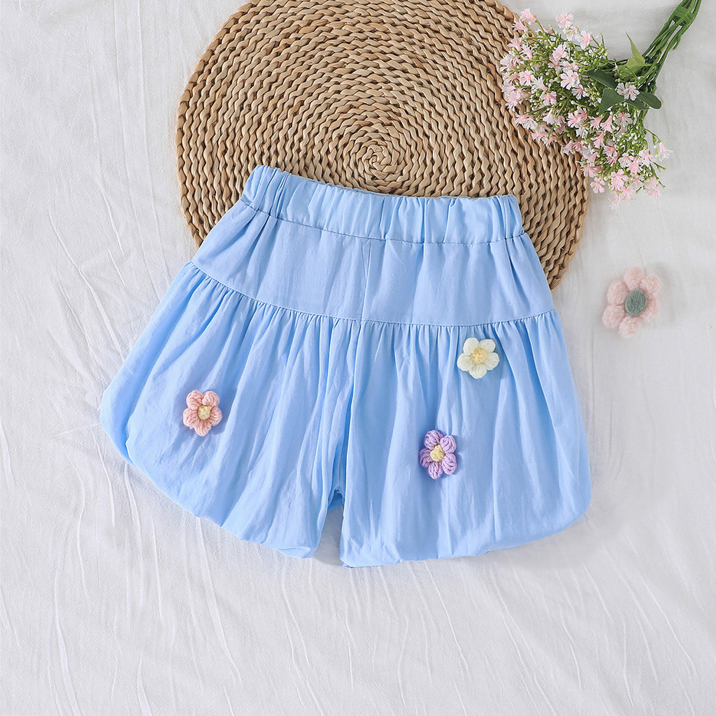 Girls Light Blue Flower Appliqued Balloon Shorts Shorts Light Blue 3-4 Y