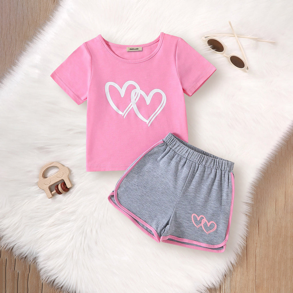Girls Pink Heart Print T-shirt with Shorts Set Sets Pink 3-4 Y
